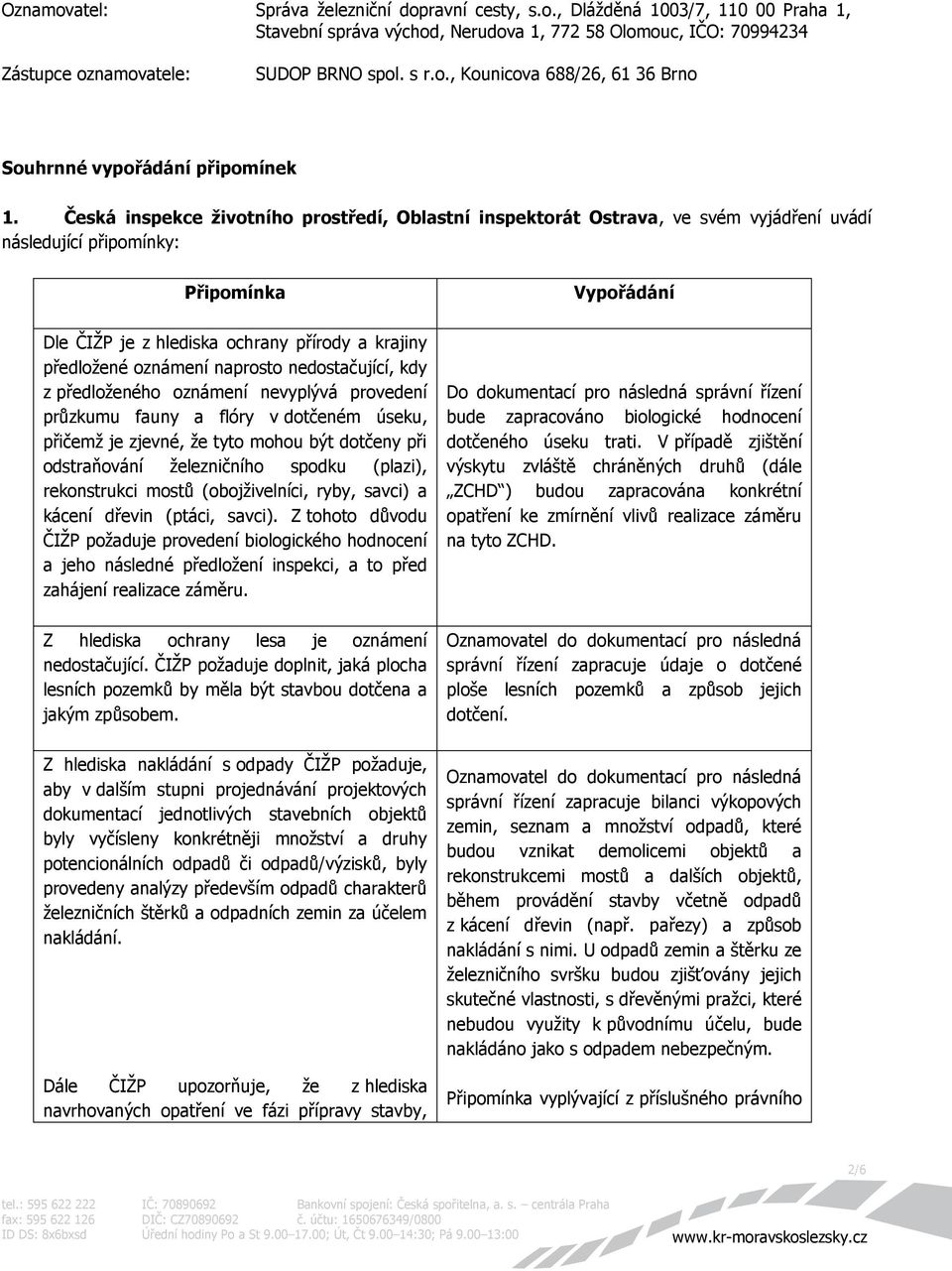 oznámení naprosto nedostačující, kdy z předloženého oznámení nevyplývá provedení průzkumu fauny a flóry v dotčeném úseku, přičemž je zjevné, že tyto mohou být dotčeny při odstraňování železničního