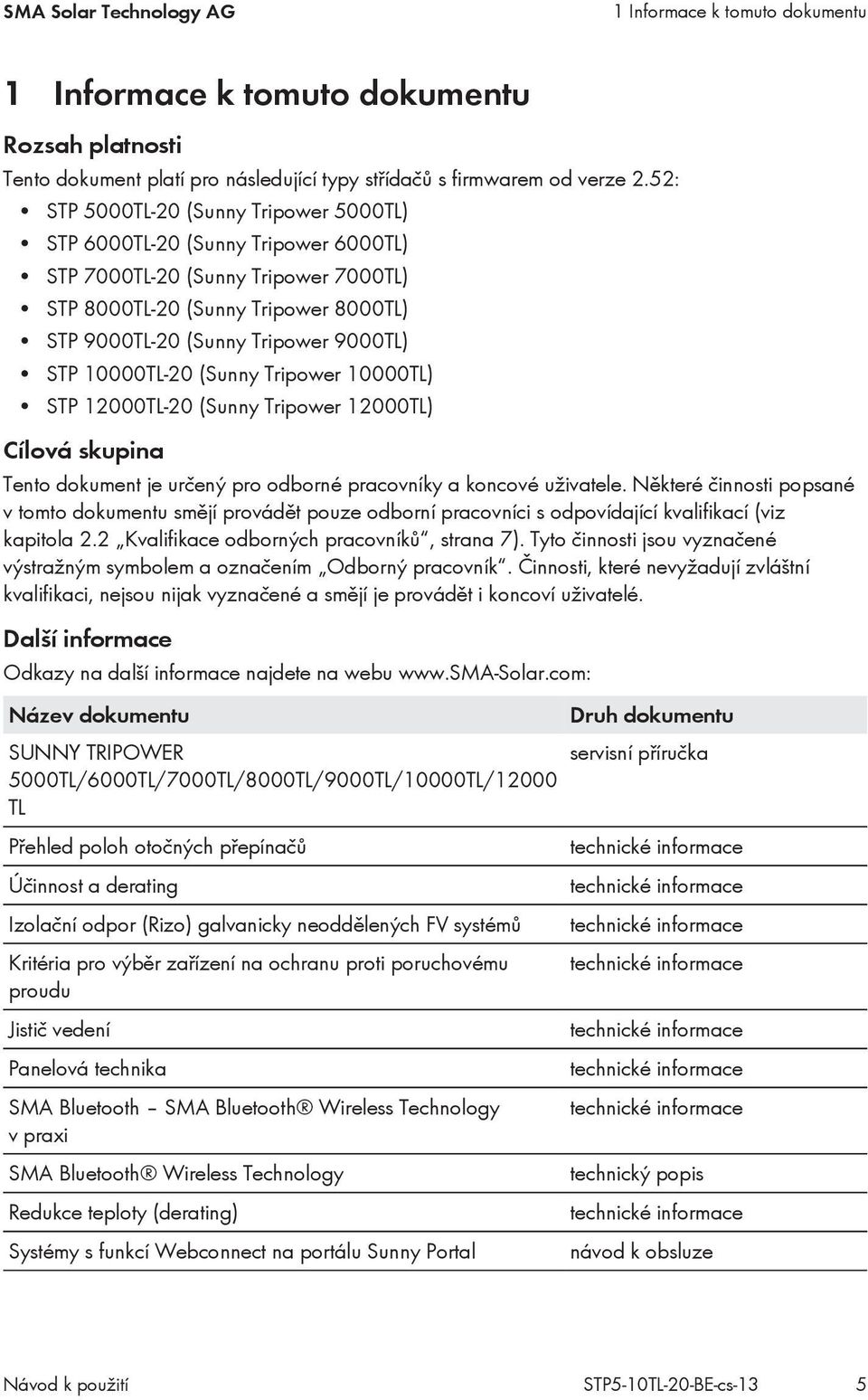 10000TL-20 (Sunny Tripower 10000TL) STP 12000TL-20 (Sunny Tripower 12000TL) Cílová skupina Tento dokument je určený pro odborné pracovníky a koncové uživatele.
