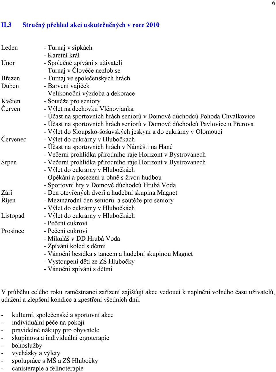 hrách seniorů v Domově důchodců Pohoda Chválkovice - Účast na sportovních hrách seniorů v Domově důchodců Pavlovice u Přerova - Výlet do Sloupsko-šošůvských jeskyní a do cukrárny v Olomouci - Výlet