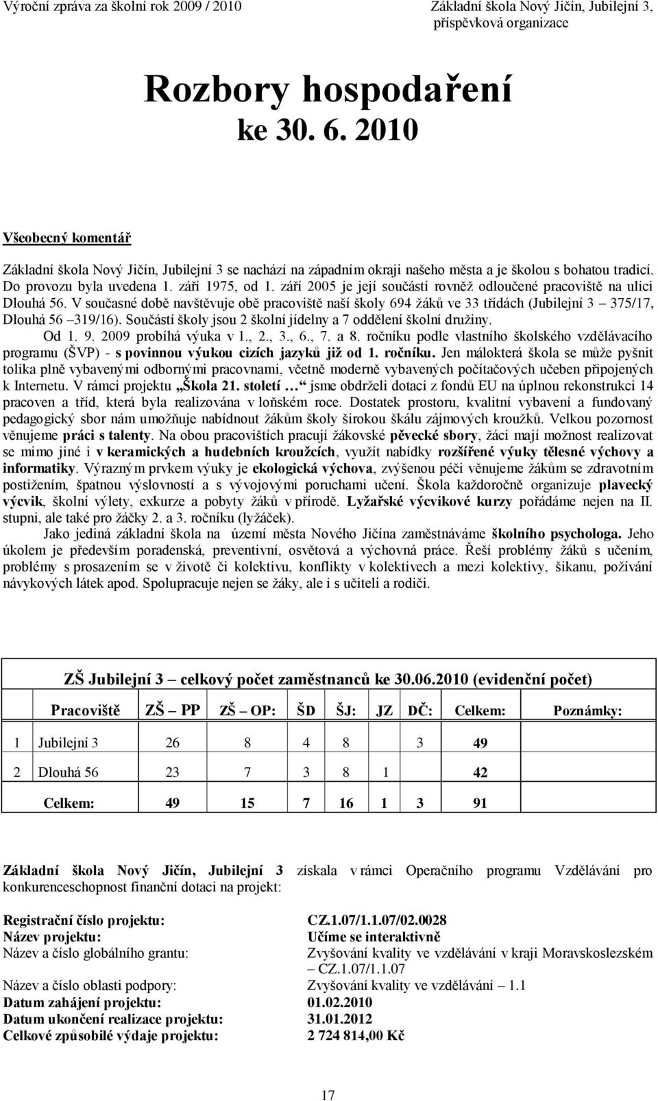 V současné době navštěvuje obě pracoviště naší školy 694 ţáků ve 33 třídách (Jubilejní 3 375/17, Dlouhá 56 319/16). Součástí školy jsou 2 školní jídelny a 7 oddělení školní druţiny. Od 1. 9.