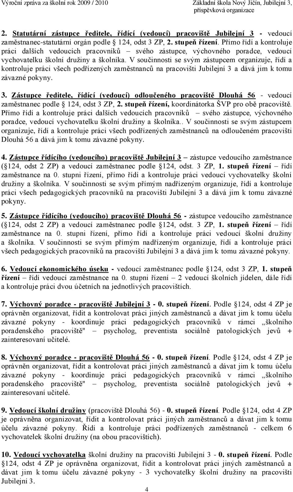 V součinnosti se svým zástupcem organizuje, řídí a kontroluje práci všech podřízených zaměstnanců na pracovišti Jubilejní 3 