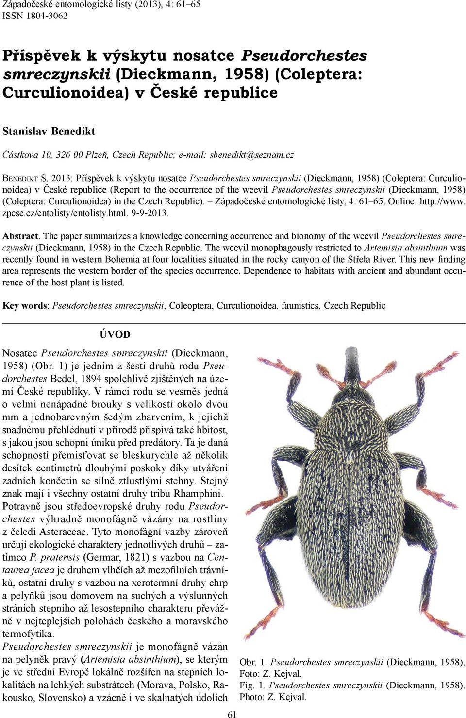 2013: Příspěvek k výskytu nosatce Pseudorchestes smreczynskii (Dieckmann, 1958) (Coleptera: Curculionoidea) v České republice (Report to the occurrence of the weevil Pseudorchestes smreczynskii