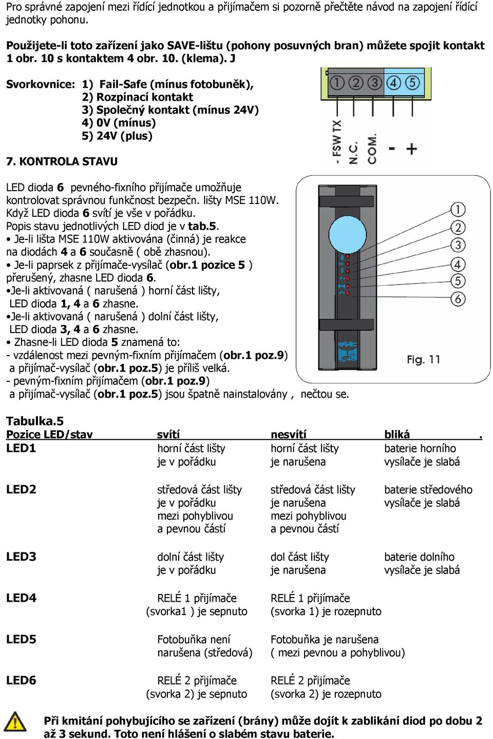 J Svorkovnice: 1) Fail-Safe (mínus fotobuněk), 2) Rozpínací kontakt 3) Společný kontakt (mínus 24V) 4) 0V (mínus) 5) 24V (plus) 7.