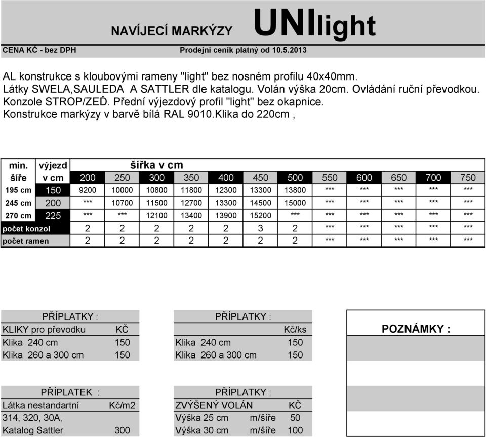 Klika do 220cm, šíře v cm 200 250 300 350 400 450 500 550 600 650 700 750 195 cm 150 9200 10000 10800 11800 12300 13300 13800 *** *** *** *** *** 245 cm 200 *** 10700 11500 12700 13300 14500 15000