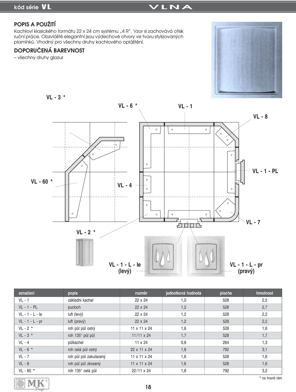 DOPORUâENÁ BAREVNOST v echny druhy glazur VL - 3 * VL - 6 * VL - 1 VL - 8 VL - 60 * VL - 4 VL - 1 - PL VL - 2 * VL - 7 VL - 1 - L - le (lev ) VL - 1 - L - pr (prav ) VL - 1 základní kachel 22 x 24