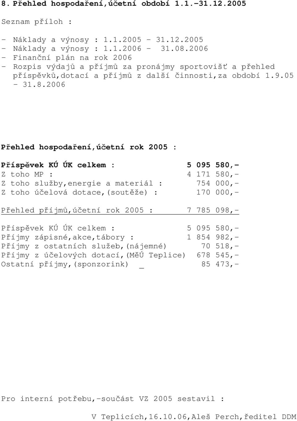 2006 Přehled hospodaření,účetní rok 2005 : Příspěvek KÚ ÚK celkem : 5 095 580,- Z toho MP : 4 171 580,- Z toho služby,energie a materiál : 754 000,- Z toho účelová dotace,(soutěže) : 170 000,-