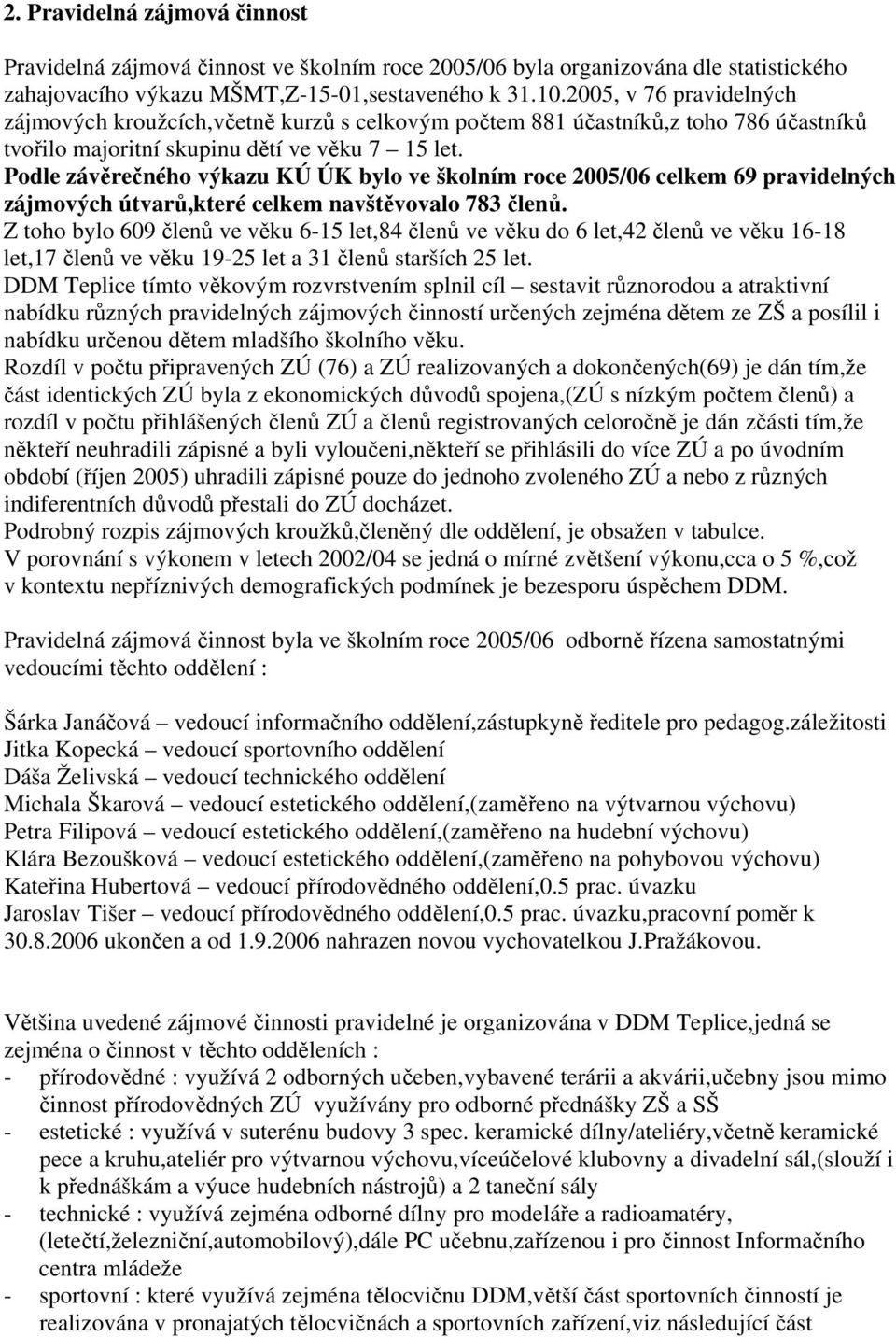 Podle závěrečného výkazu KÚ ÚK bylo ve školním roce 2005/06 celkem 69 pravidelných zájmových útvarů,které celkem navštěvovalo 783 členů.