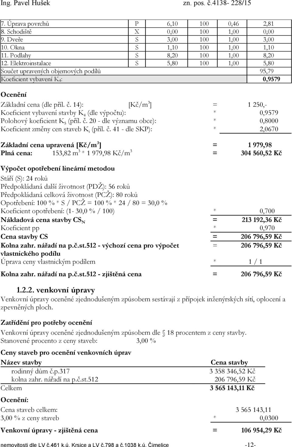 14): [Kč/m 3 ] = 1 250,- Koeficient vybavení stavby K 4 (dle výpočtu): * 0,9579 Polohový koeficient K 5 (příl. č.