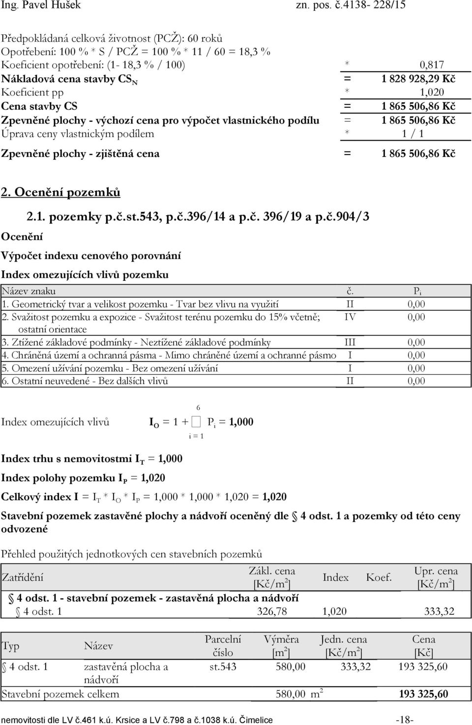 zjištěná cena = 1 865 506,86 Kč 2. Ocenění pozemků Ocenění 2.1. pozemky p.č.st.543, p.č.396/14 a p.č. 396/19 a p.č.904/3 Výpočet indexu cenového porovnání Index omezujících vlivů pozemku Název znaku č.