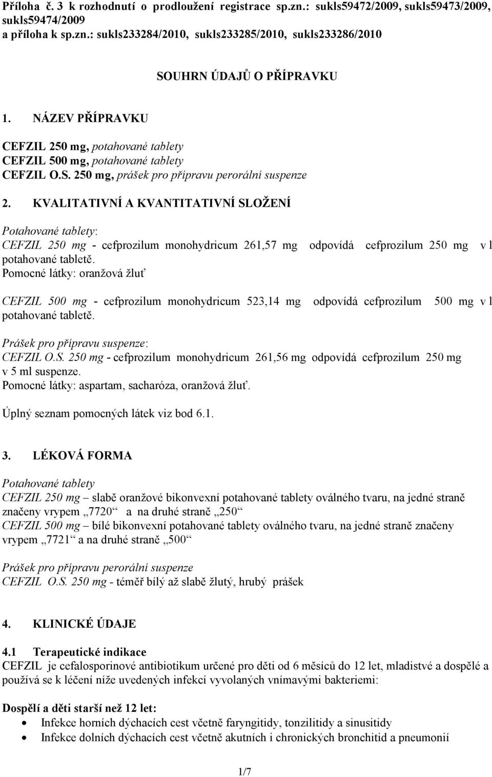 KVALITATIVNÍ A KVANTITATIVNÍ SLOŽENÍ Potahované tablety: CEFZIL 250 mg - cefprozilum monohydricum 261,57 mg odpovídá potahované tabletě.