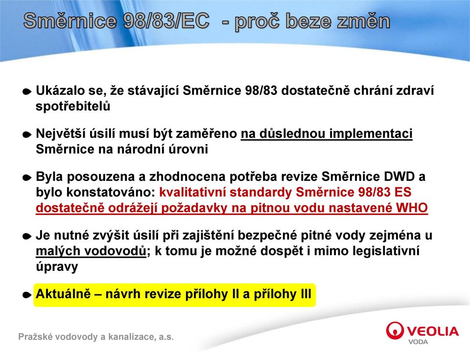 standardy Směrnice 98/83 ES dostatečně odrážejí požadavky na pitnou vodu nastavené WHO Je nutné zvýšit úsilí při zajištění