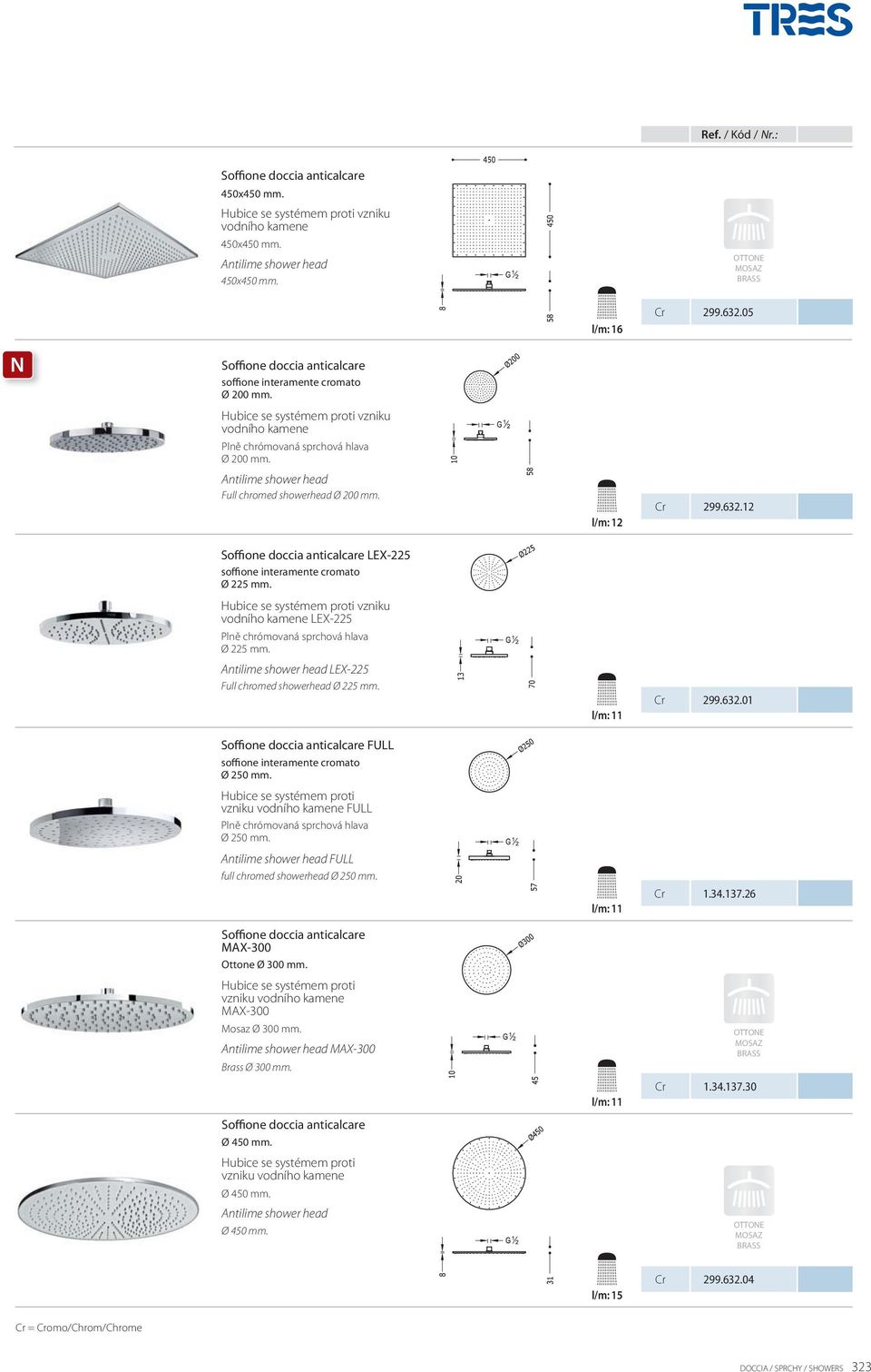 Antilime shower head Full chromed showerhead Ø 200 mm. l/m: 12 299.632.12 Soffione doccia anticalcare LEX-225 soffione interamente cromato Ø 225 mm.