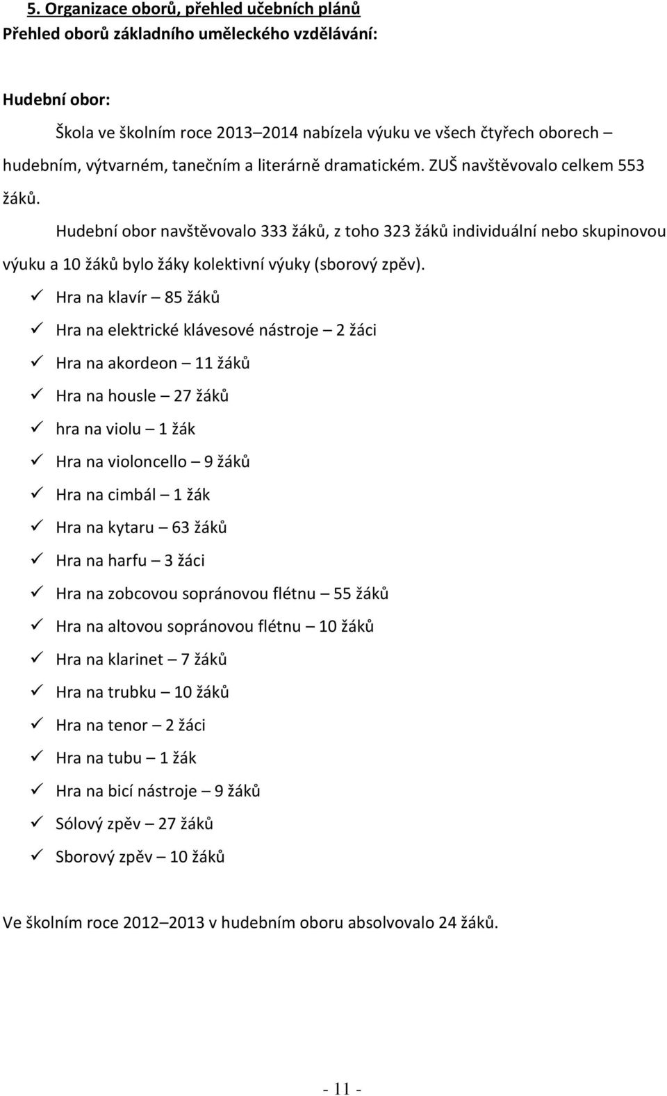 Hudební obor navštěvovalo 333 žáků, z toho 323 žáků individuální nebo skupinovou výuku a 10 žáků bylo žáky kolektivní výuky (sborový zpěv).