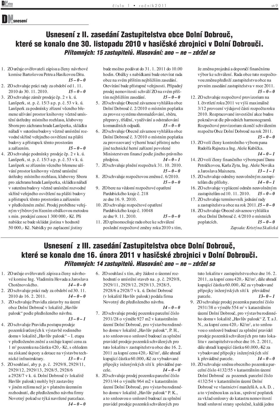 11. 2010 do 30. 11. 2010. 15 0 0 3. ZO schvaluje záměr prodeje čp. 2 v k. ú.