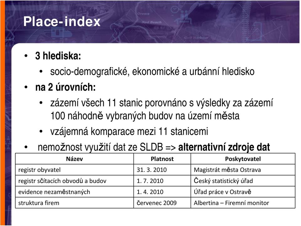 => alternativní zdroje dat Název Platnost Poskytovatel registr obyvatel 31. 3. 2010 Magistrát města Ostrava registr sčítacích obvodů a budov 1.