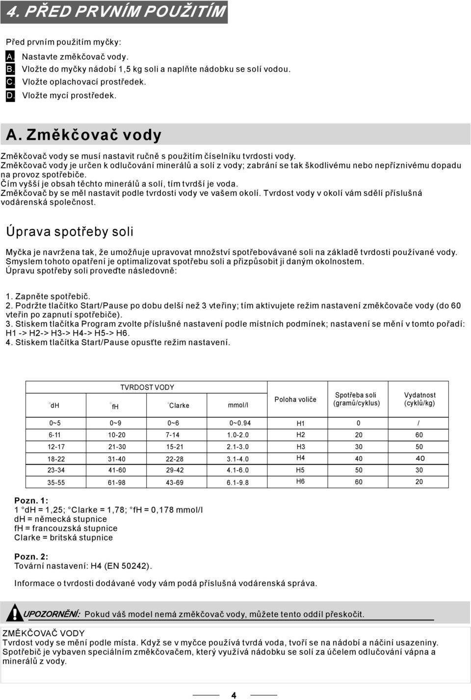 Změkčovač by se měl nastavit podle tvrdosti vody ve vašem okolí. Tvrdost vody v okolí vám sdělí příslušná vodárenská společnost.