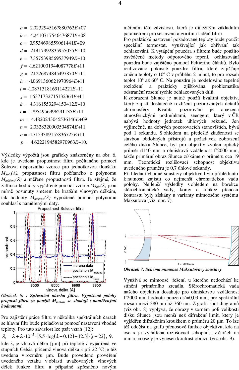 znázorněny na obr 6, kde je uvedena propustnost filtru počítaného pomocí Šolcova disperzního vzorce pro jednotkovou tloušťku M Šolc (λ), propustnost filtru počítaného z polynomu M měřená (λ) a měřené