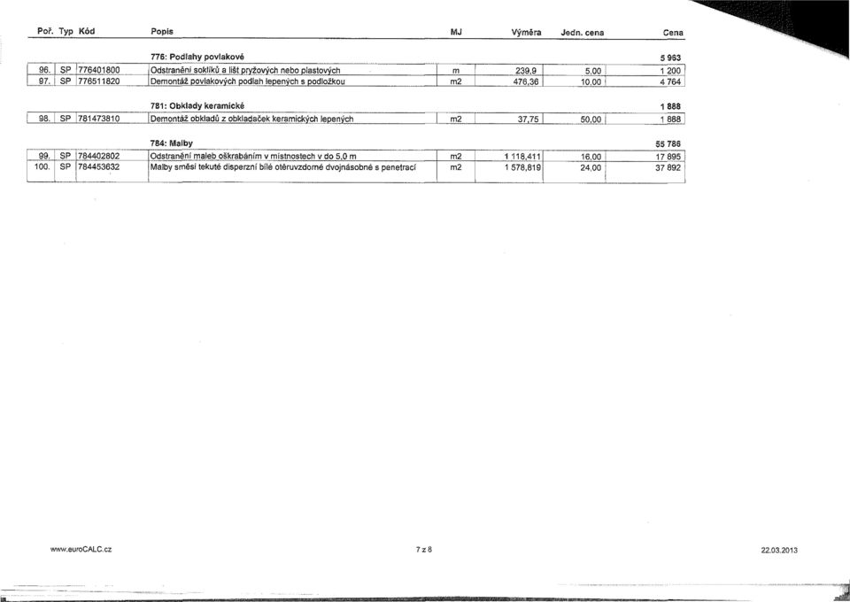 I SP [781473810 Tbemontáž obkladů z obkladaček keramických lepených I m2 37,75 I 50,00 j 1888 784: Malby 55 786 99.