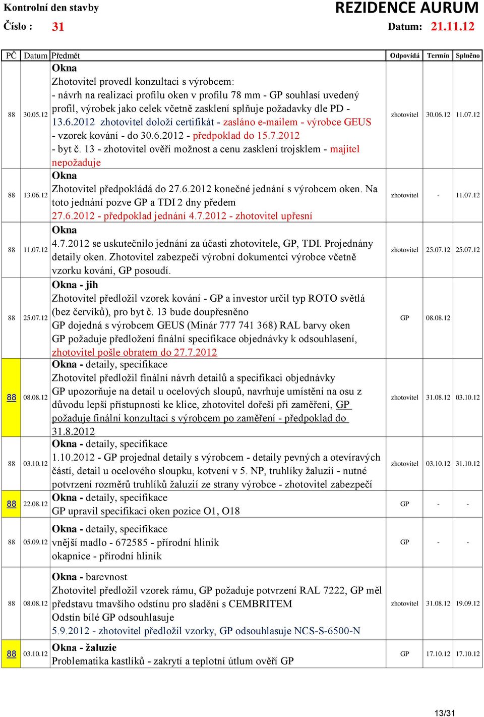 2012 zhotovitel doloží certifikát - zasláno e-mailem - výrobce GEUS - vzorek kování - do 30.6.2012 - předpoklad do 15.7.2012 - byt č.