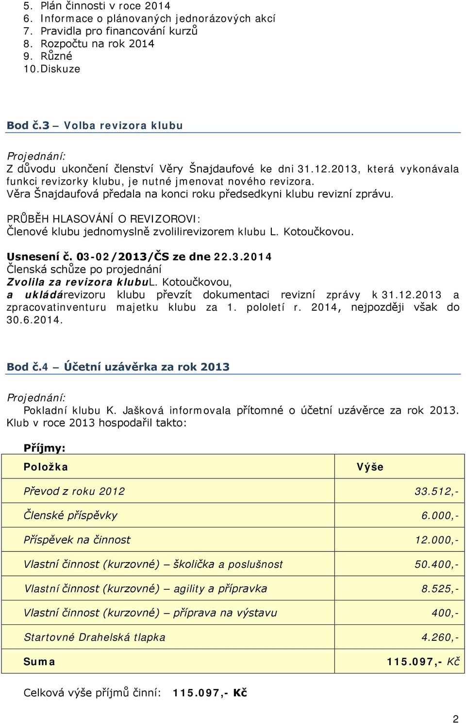 Věra Šnajdaufová předala na konci roku předsedkyni klubu revizní zprávu. PRŮBĚH HLASOVÁNÍ O REVIZOROVI: Členové klubu jednomyslně zvolilirevizorem klubu L. Kotoučkovou. Usnesení č.