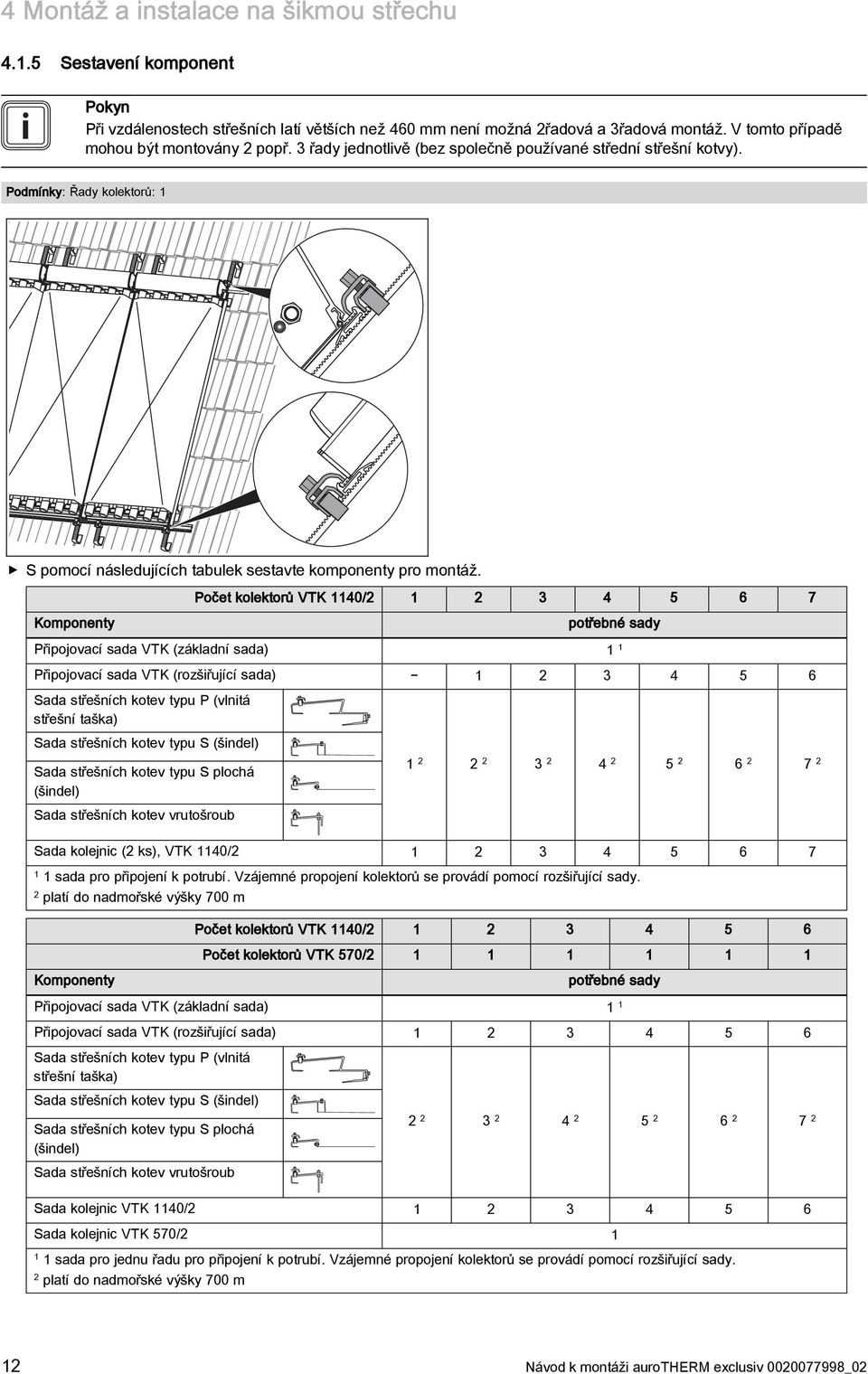 Počet kolektorů VTK 40/2 2 3 4 5 6 7 Komponenty potřebné sady Připojovací sada VTK (základní sada) Připojovací sada VTK (rozšiřující sada) 2 3 4 5 6 Sada střešních kotev typu P (vlnitá střešní taška)
