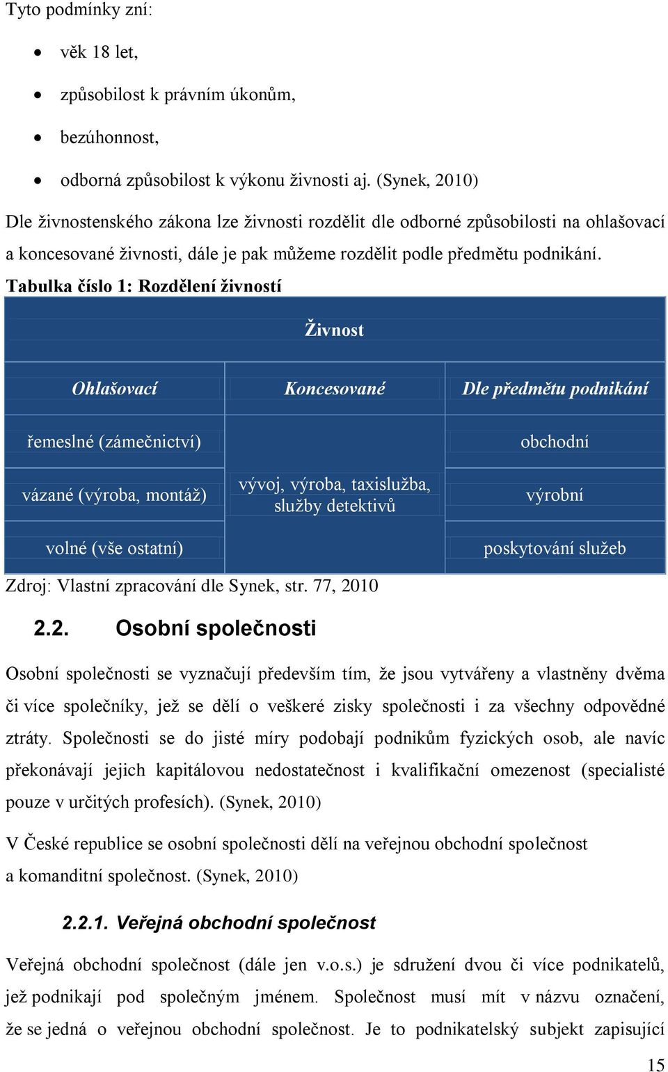 Tabulka číslo 1: Rozdělení živností Živnost Ohlašovací Koncesované Dle předmětu podnikání řemeslné (zámečnictví) vázané (výroba, montáţ) volné (vše ostatní) vývoj, výroba, taxisluţba, sluţby