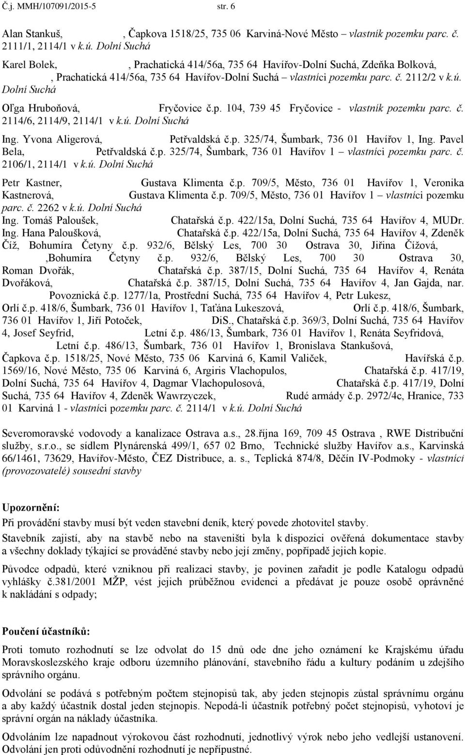 Dolní Suchá Oľga Hruboňová, nar. 29.11.1958 Fryčovice č.p. 104, 739 45 Fryčovice - vlastník pozemku parc. č. 2114/6, 2114/9, 2114/1 v k.ú. Dolní Suchá Ing. Yvona Aligerová, nar. 2.5.1964 Petřvaldská č.