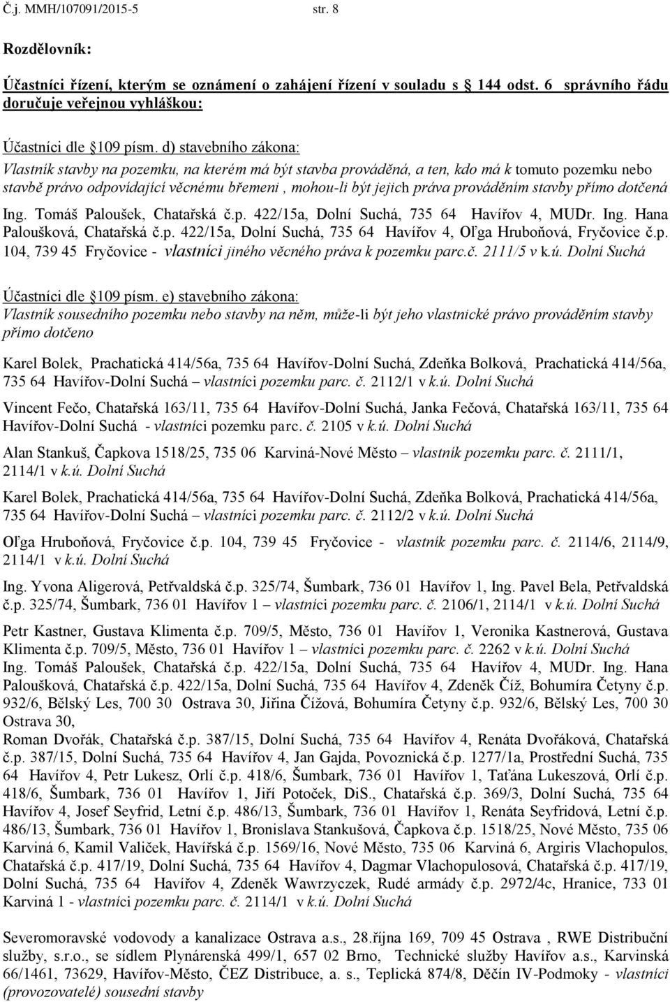 prováděním stavby přímo dotčená Ing. Tomáš Paloušek, Chatařská č.p. 422/15a, Dolní Suchá, 735 64 Havířov 4, MUDr. Ing. Hana Paloušková, Chatařská č.p. 422/15a, Dolní Suchá, 735 64 Havířov 4, Oľga Hruboňová, Fryčovice č.