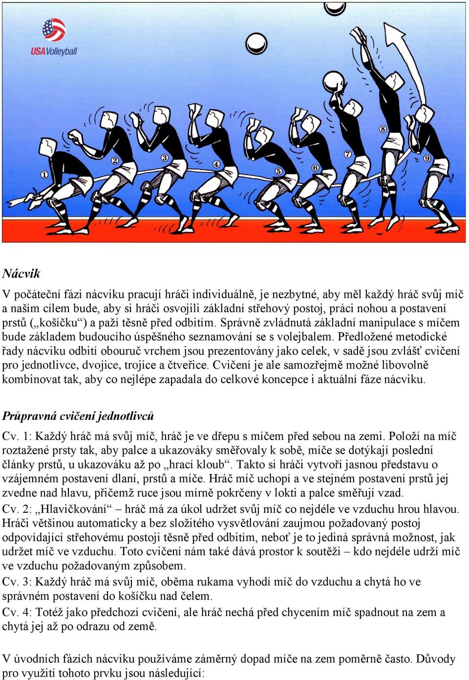 Předložené metodické řady nácviku odbití obouruč vrchem jsou prezentovány jako celek, v sadě jsou zvlášť cvičení pro jednotlivce, dvojice, trojice a čtveřice.