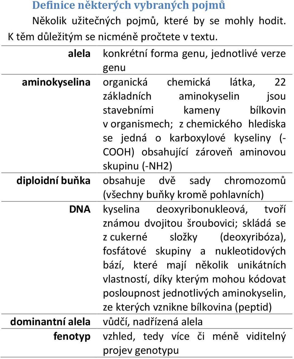 karboxylové kyseliny (- COOH) obsahující zároveň aminovou skupinu (-NH2) diploidní buňka obsahuje dvě sady chromozomů (všechny buňky kromě pohlavních) DNA kyselina deoxyribonukleová, tvoří známou