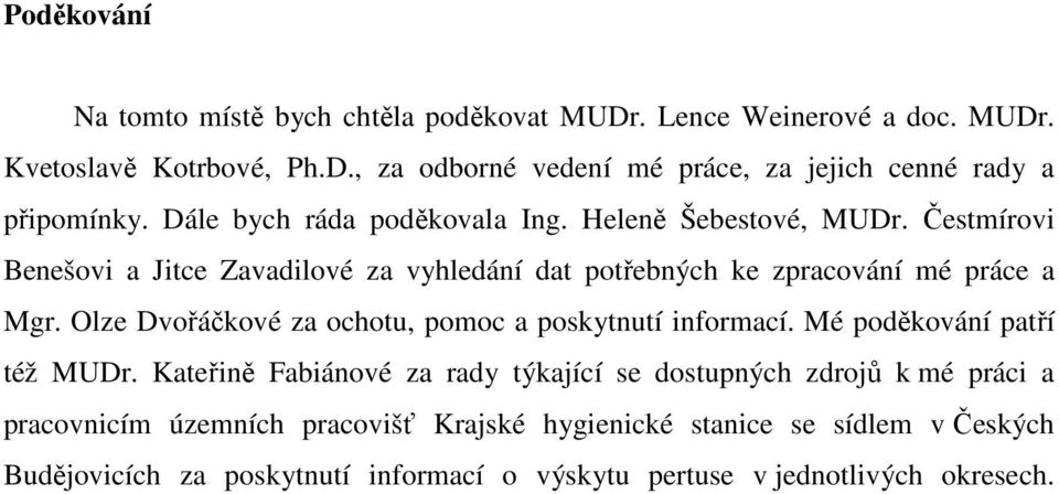 Olze Dvořáčkové za ochotu, pomoc a poskytnutí informací. Mé poděkování patří též MUDr.