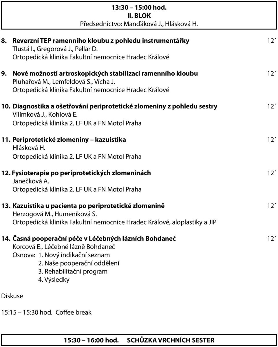 Ortopedická klinika Fakultní nemocnice Hradec Králové 10. Diagnostika a ošetřování periprotetické zlomeniny z pohledu sestry 12 Vilímková J., Kohlová E. 11.