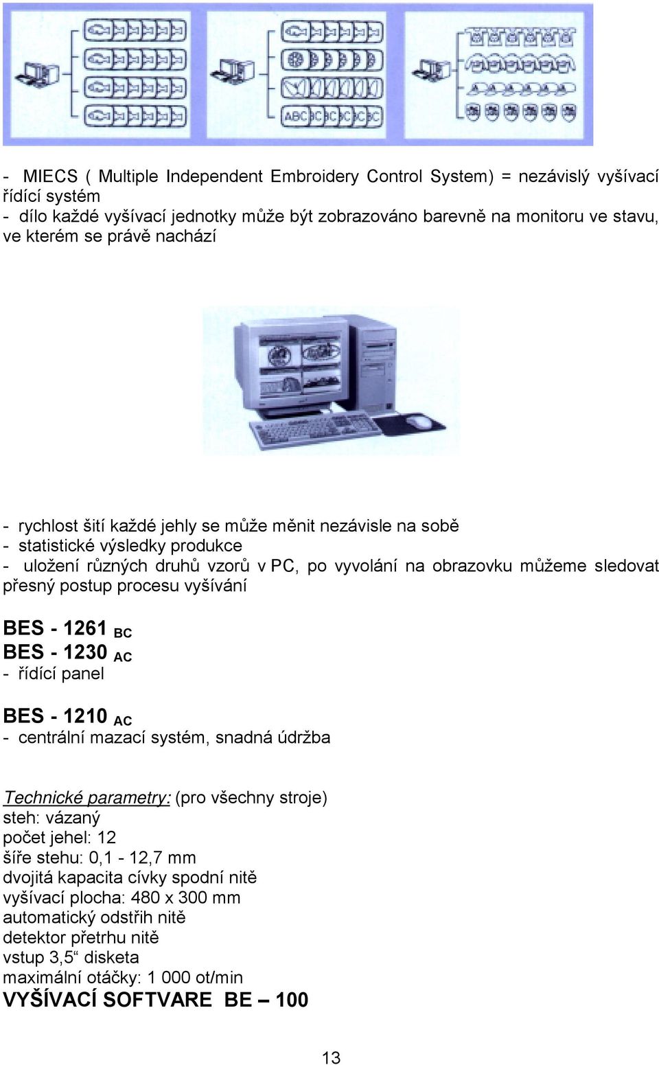 postup procesu vyšívání BES - 1261 BC BES - 1230 AC - řídící panel BES - 1210 AC - centrální mazací systém, snadná údržba Technické parametry: (pro všechny stroje) počet jehel: 12 šíře stehu: