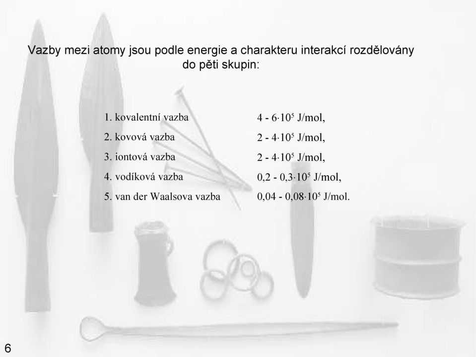 kovová vazba 2-4 105 J/mol, 3. iontová vazba 2-4 105 J/mol, 4.