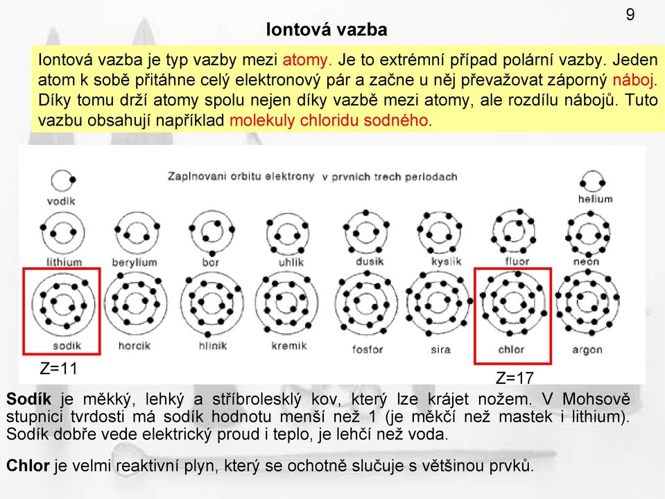 Díky tomu drží atomy spolu nejen díky vazbě mezi atomy, ale rozdílu nábojů. Tuto vazbu obsahují například molekuly chloridu sodného.