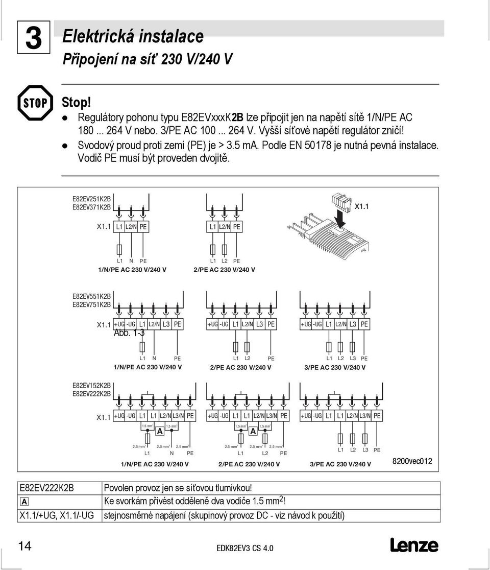 1 1 2/N PE 1 2/N PE 1 N PE 1/N/PE AC 230 V/240 V 1 2 PE 2/PE AC 230 V/240 V E82EV551K2B E82EV751K2B X1.1 +UG -UG 1 2/N 3 PE Abb.