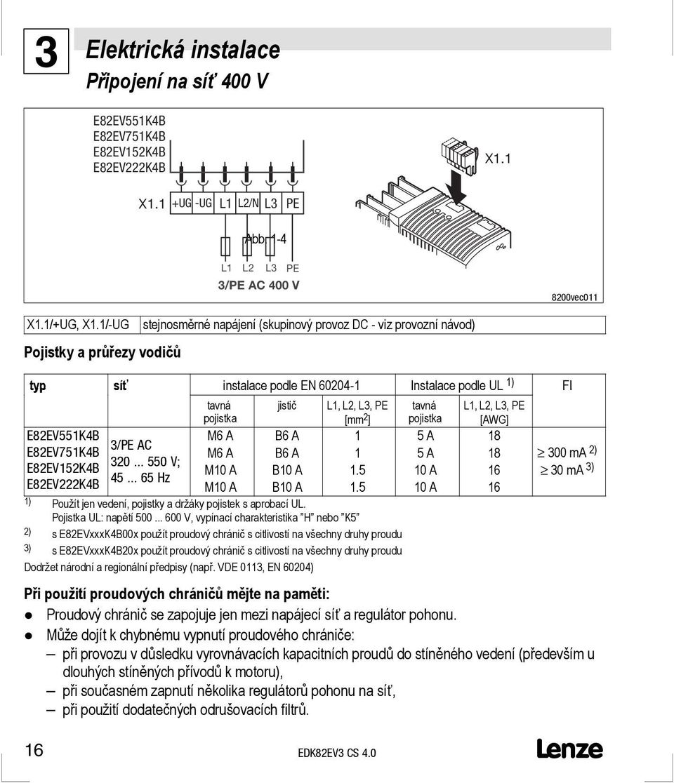 ] tavná pojistka 1, 2, 3, PE [AWG] E82EV551K4B E82EV751K4B E82EV152K4B E82EV222K4B 3/PE AC 320... 550 V; 45... 65 Hz M6 A M6 A M10A M10A B6 A B6 A B10A B10A 1 1 1.5 1.