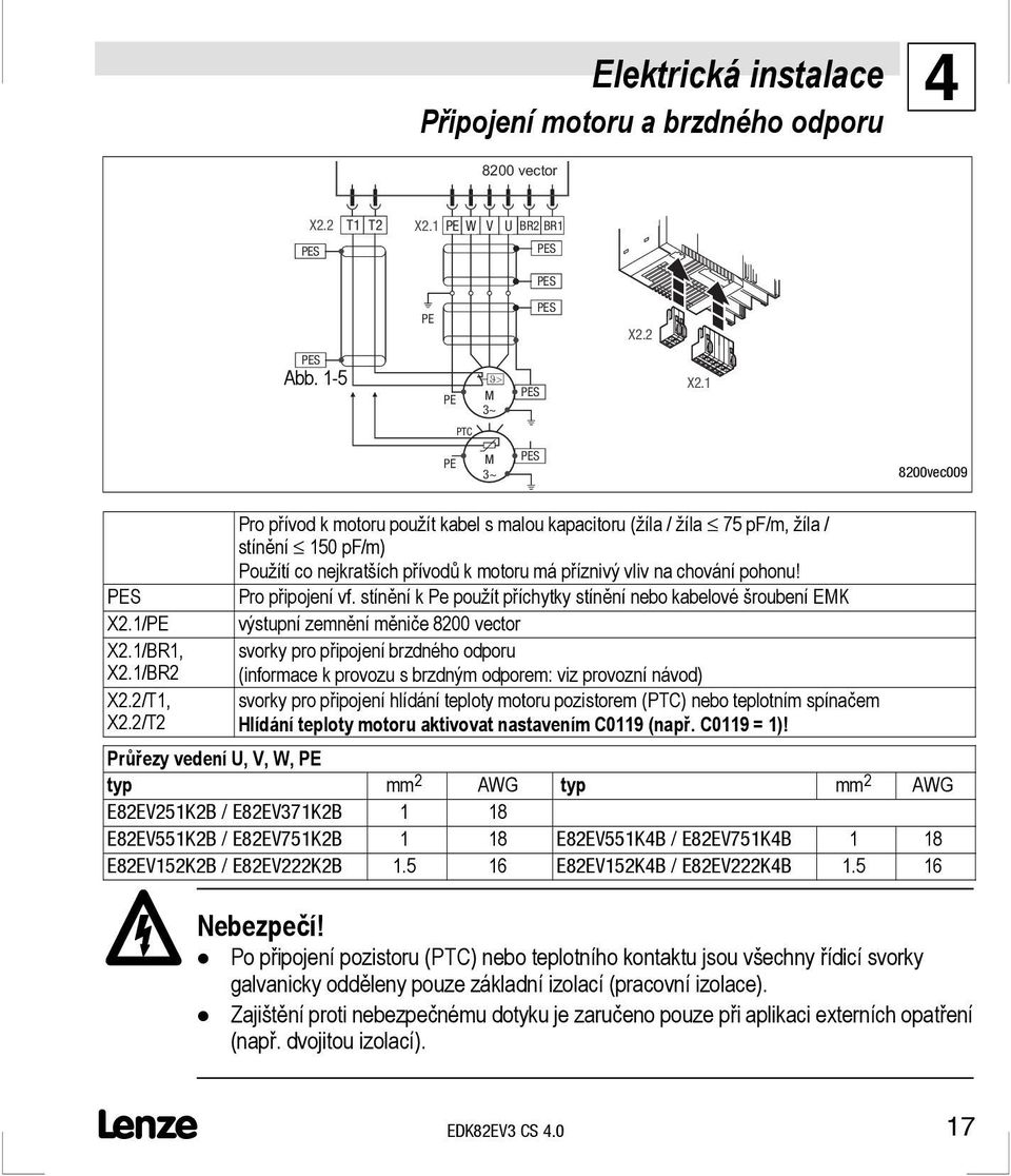 2/T2 Pro přívod k motoru použít kabel s malou kapacitoru (žíla / žíla 75 pf/m, žíla / stínění 150 pf/m) Použítí co nejkratších přívodů k motoru má příznivý vliv na chování pohonu! Pro připojení vf.