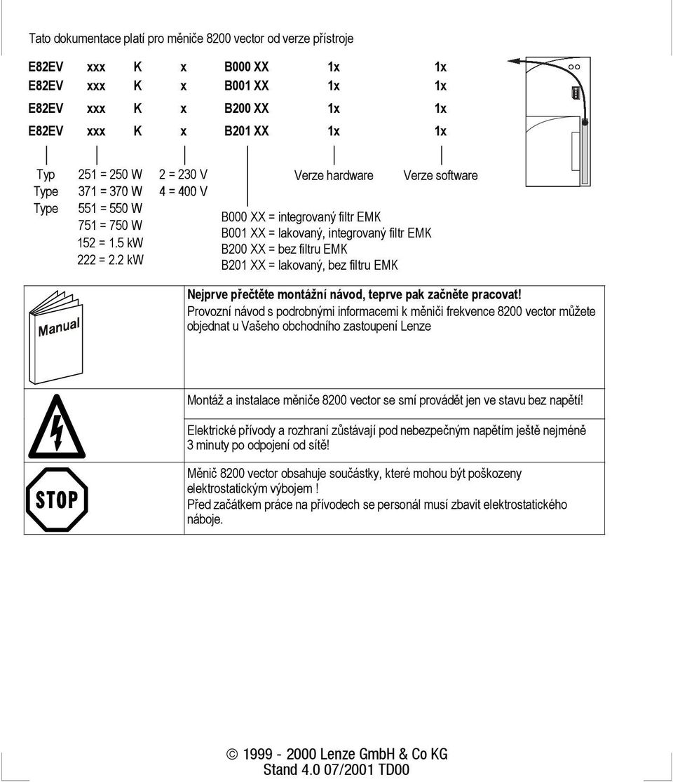 2 kw 2 = 230 V 4 = 400 V Verze hardware B000 XX = integrovaný filtr EMK B001 XX = lakovaný, integrovaný filtr EMK B200 XX = bez filtru EMK B201 XX = lakovaný, bez filtru EMK Verze software Nejprve