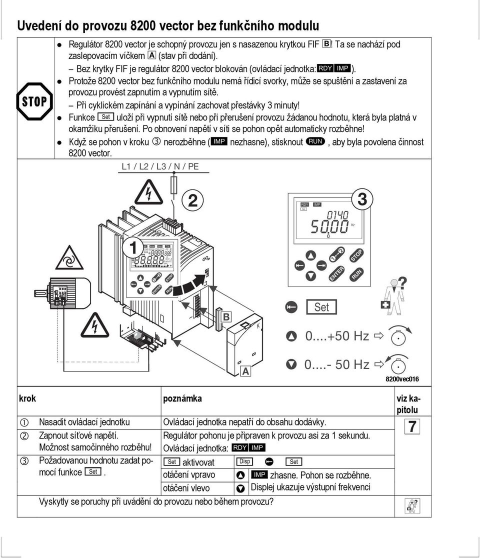 Protože 8200 vector bez funkčního modulu nemá řídicí svorky, může se spuštění a zastavení za provozu provést zapnutím a vypnutím sítě. Při cyklickém zapínání a vypínání zachovat přestávky 3 minuty!