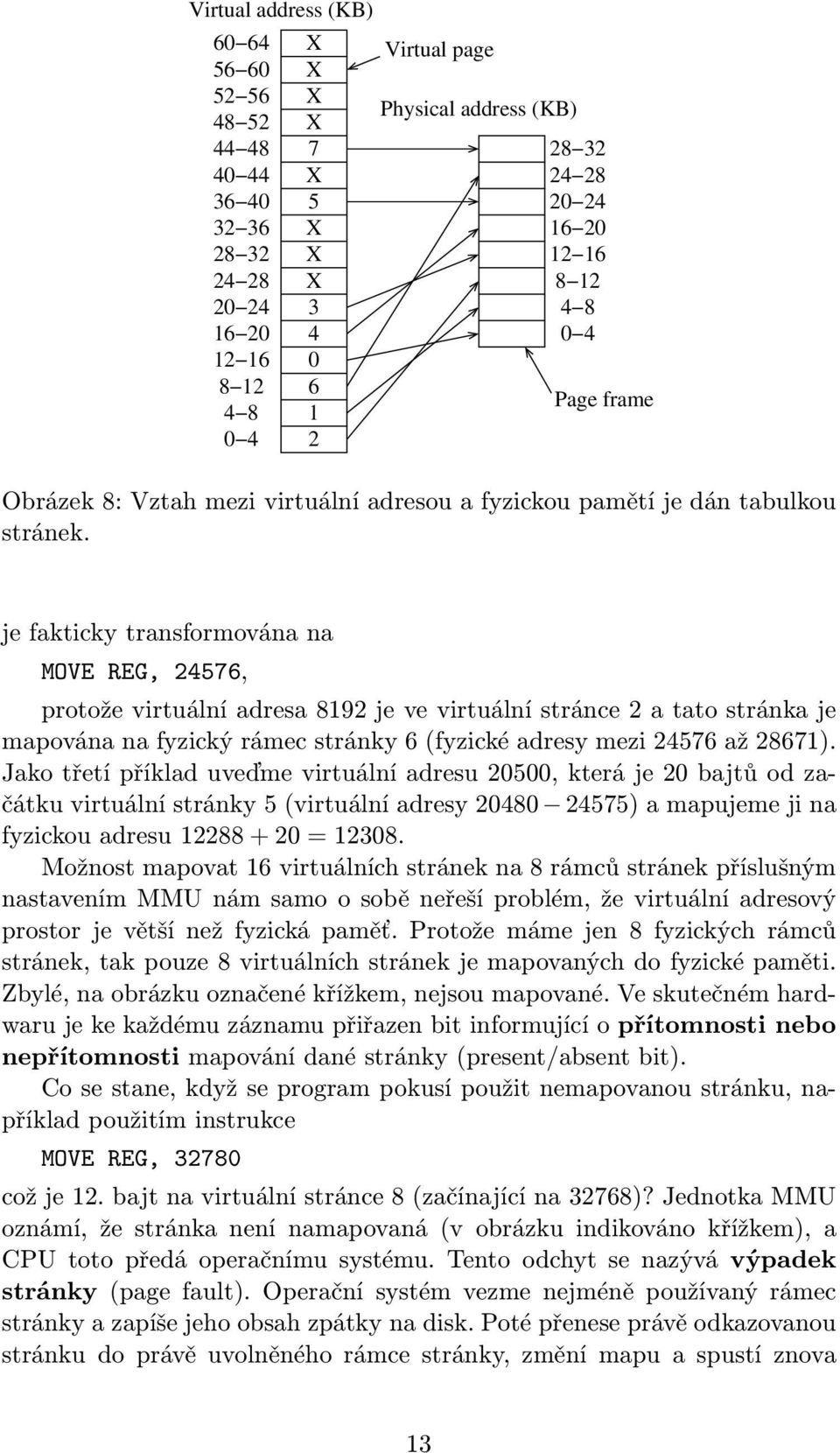 je fakticky transformována na MOVE REG, 24576, protože virtuální adresa 8192 je ve virtuální stránce 2 a tato stránka je mapována na fyzický rámec stránky 6(fyzické adresy mezi 24576 až 28671).