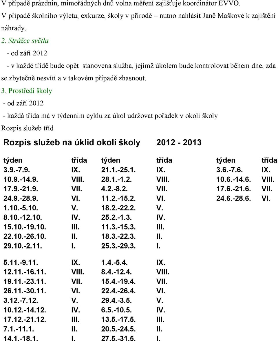 Prostředí školy - od září 2012 - každá třída má v týdenním cyklu za úkol udržovat pořádek v okolí školy Rozpis služeb tříd Rozpis služeb na úklid okolí školy 2012-2013 týden třída týden třída týden