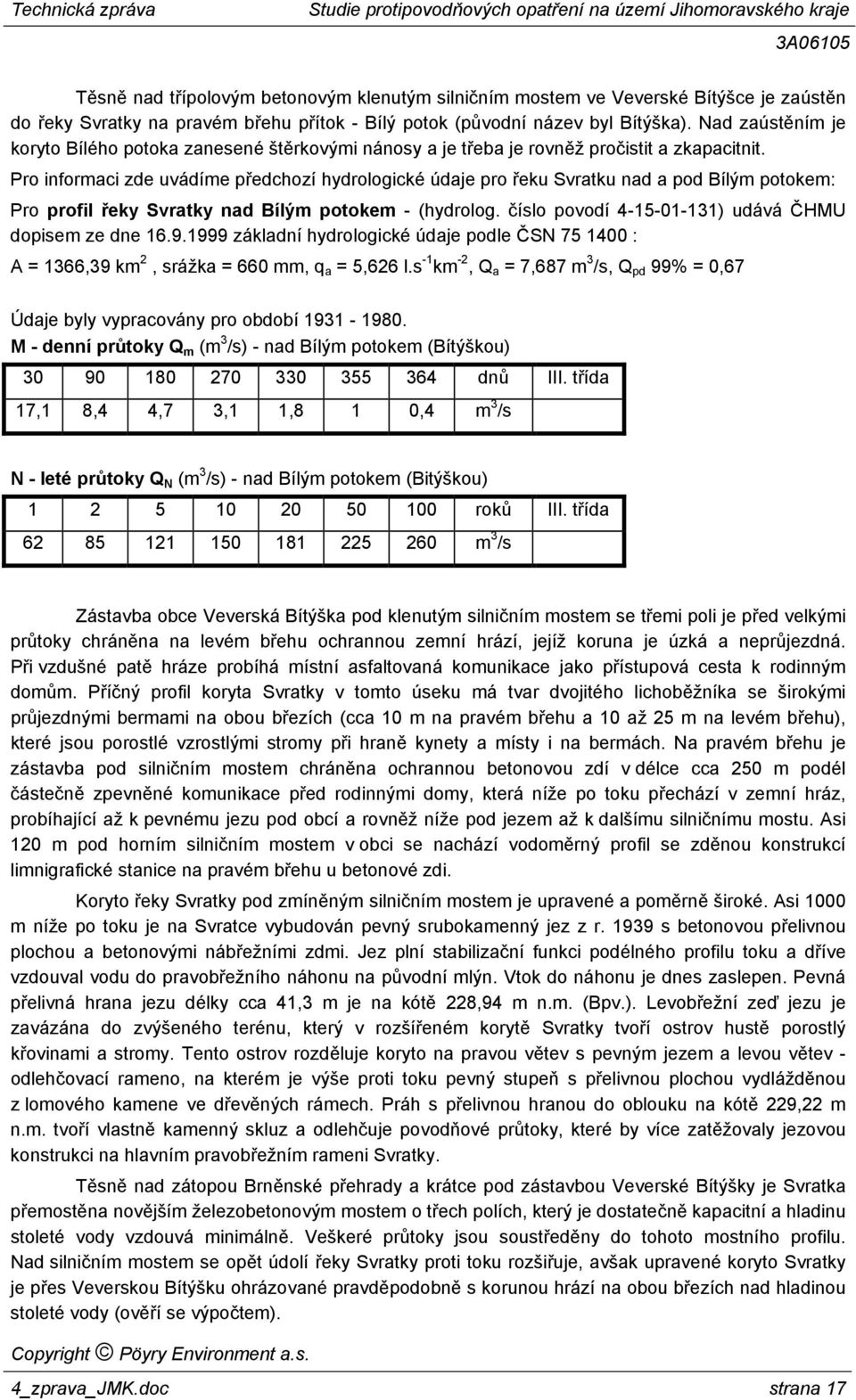 Pro informaci zde uvádíme předchozí hydrologické údaje pro řeku Svratku nad a pod Bílým potokem: Pro profil řeky Svratky nad Bílým potokem - (hydrolog.