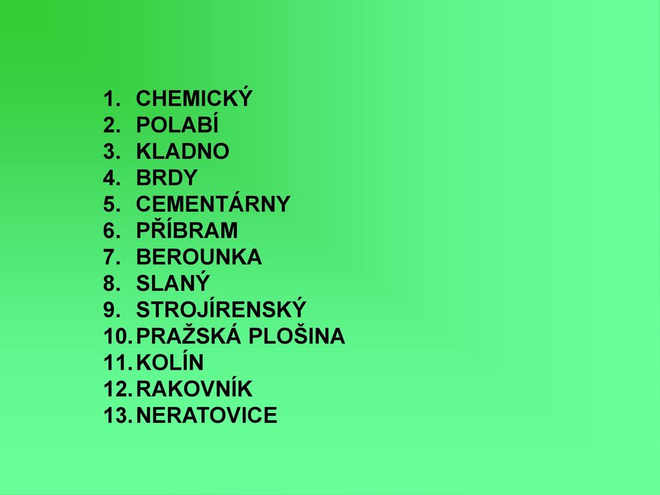 BEROUNKA 8. SLANÝ 9. STROJÍRENSKÝ 10.