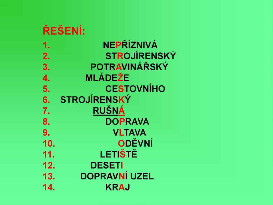 STROJÍRENSKÝ 7. RUŠNÁ 8. DOPRAVA 9. VLTAVA 10.