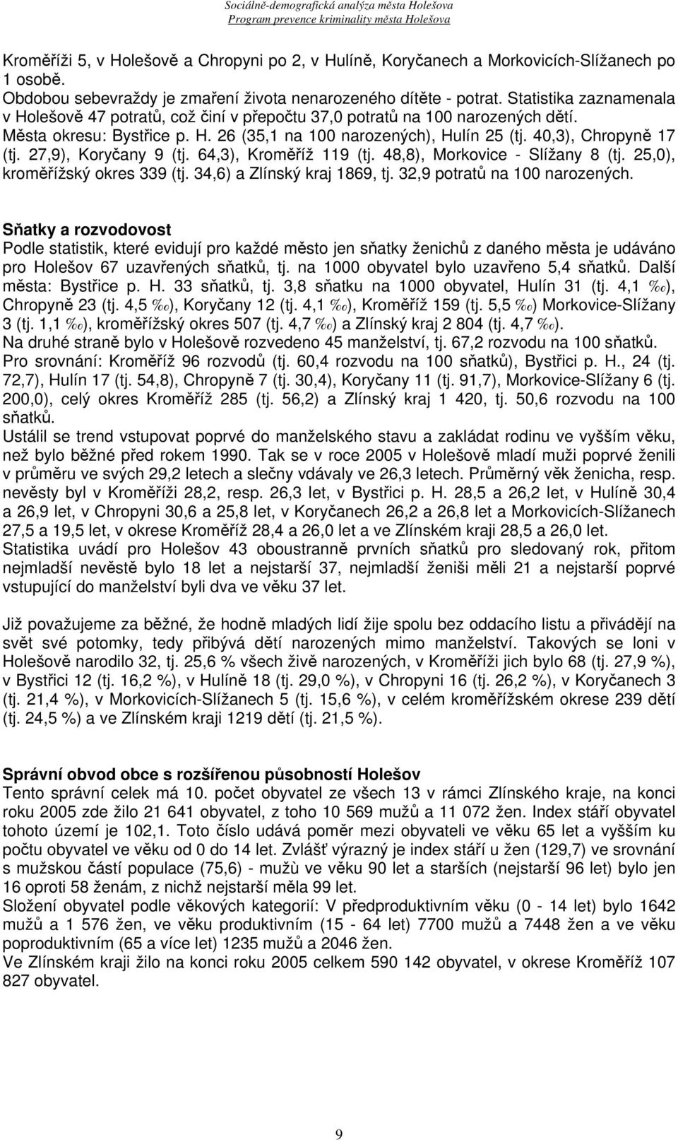 27,9), Koryčany 9 (tj. 64,3), Kroměříž 119 (tj. 48,8), Morkovice - Slížany 8 (tj. 25,0), kroměřížský okres 339 (tj. 34,6) a Zlínský kraj 1869, tj. 32,9 potratů na 100 narozených.