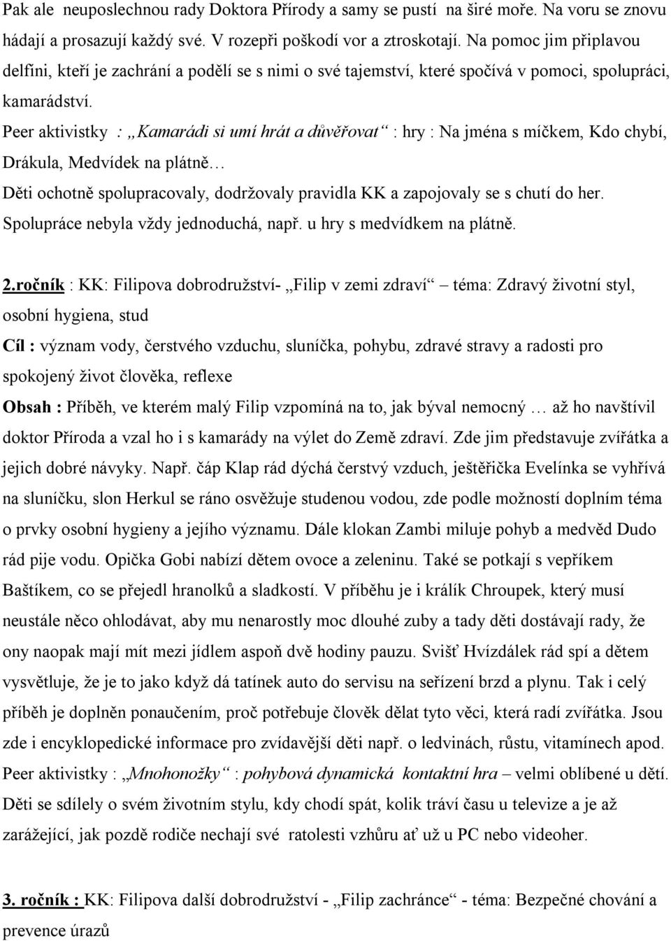 Peer aktivistky : Kamarádi si umí hrát a důvěřovat : hry : Na jména s míčkem, Kdo chybí, Drákula, Medvídek na plátně Děti ochotně spolupracovaly, dodržovaly pravidla KK a zapojovaly se s chutí do her.