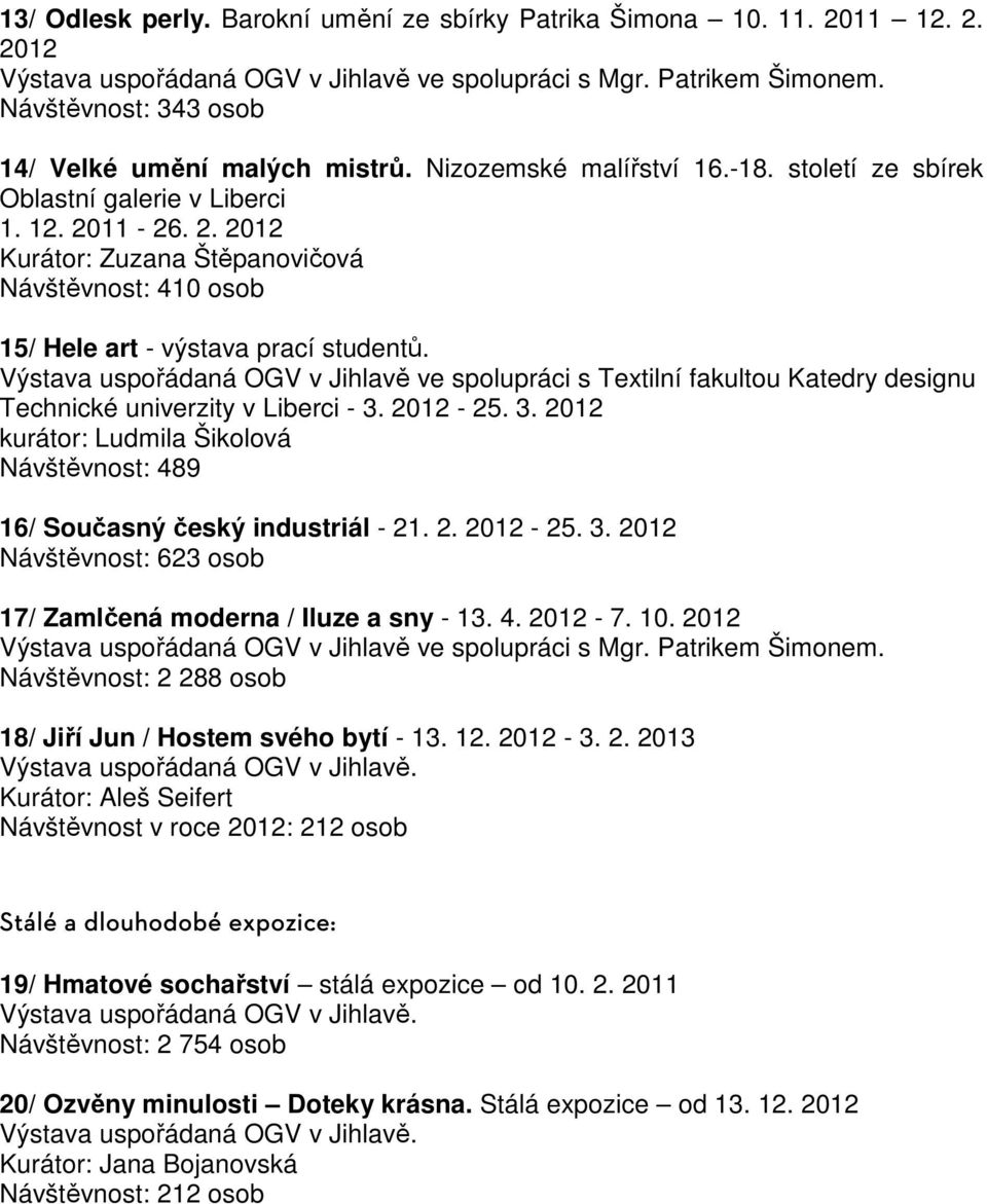 11-26. 2. 2012 Kurátor: Zuzana Štěpanovičová Návštěvnost: 410 osob 15/ Hele art - výstava prací studentů.