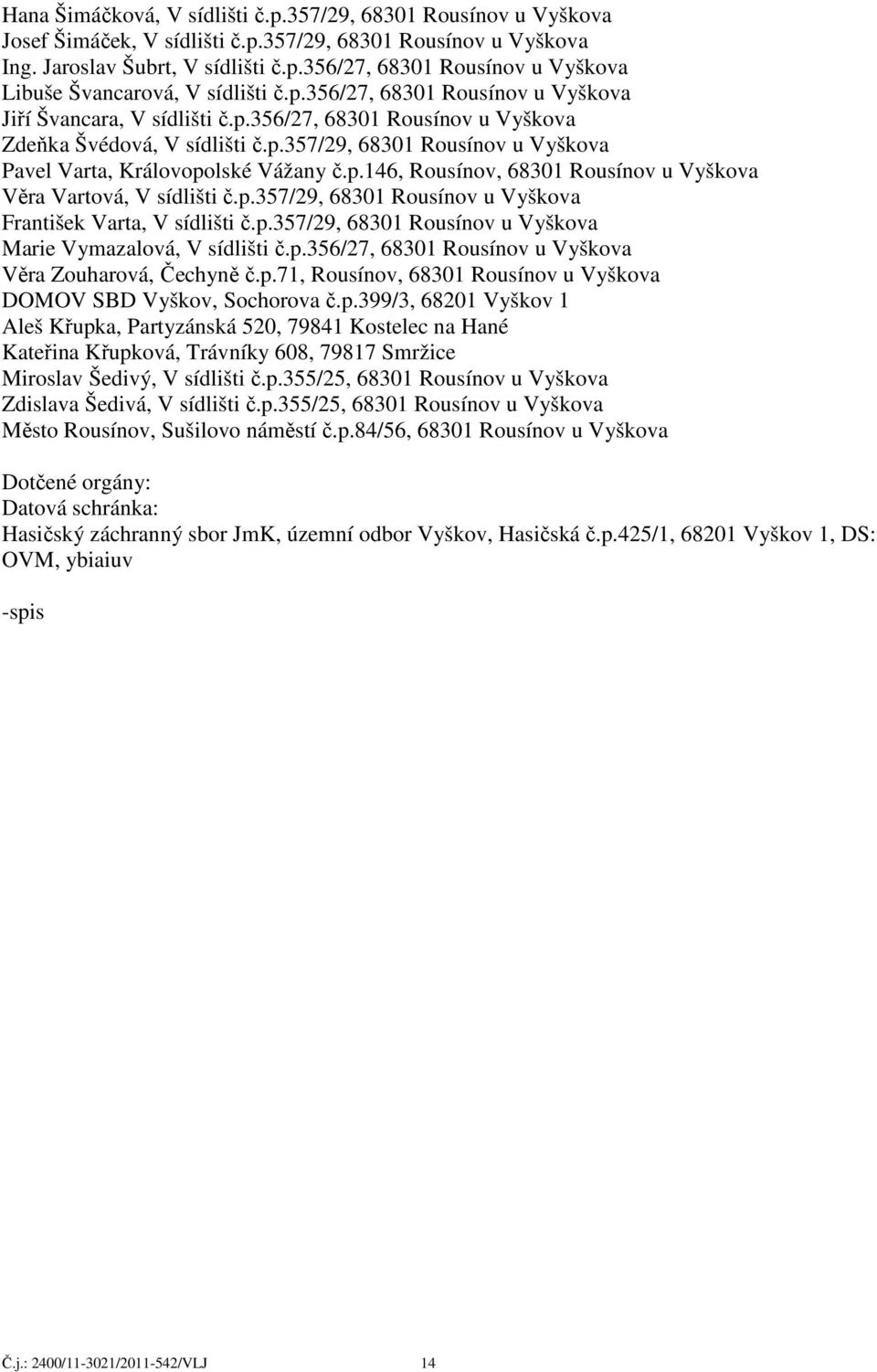 p.357/29, 68301 Rousínov u Vyškova František Varta, V sídlišti č.p.357/29, 68301 Rousínov u Vyškova Marie Vymazalová, V sídlišti č.p.356/27, 68301 Rousínov u Vyškova Věra Zouharová, Čechyně č.p.71, Rousínov, 68301 Rousínov u Vyškova DOMOV SBD Vyškov, Sochorova č.