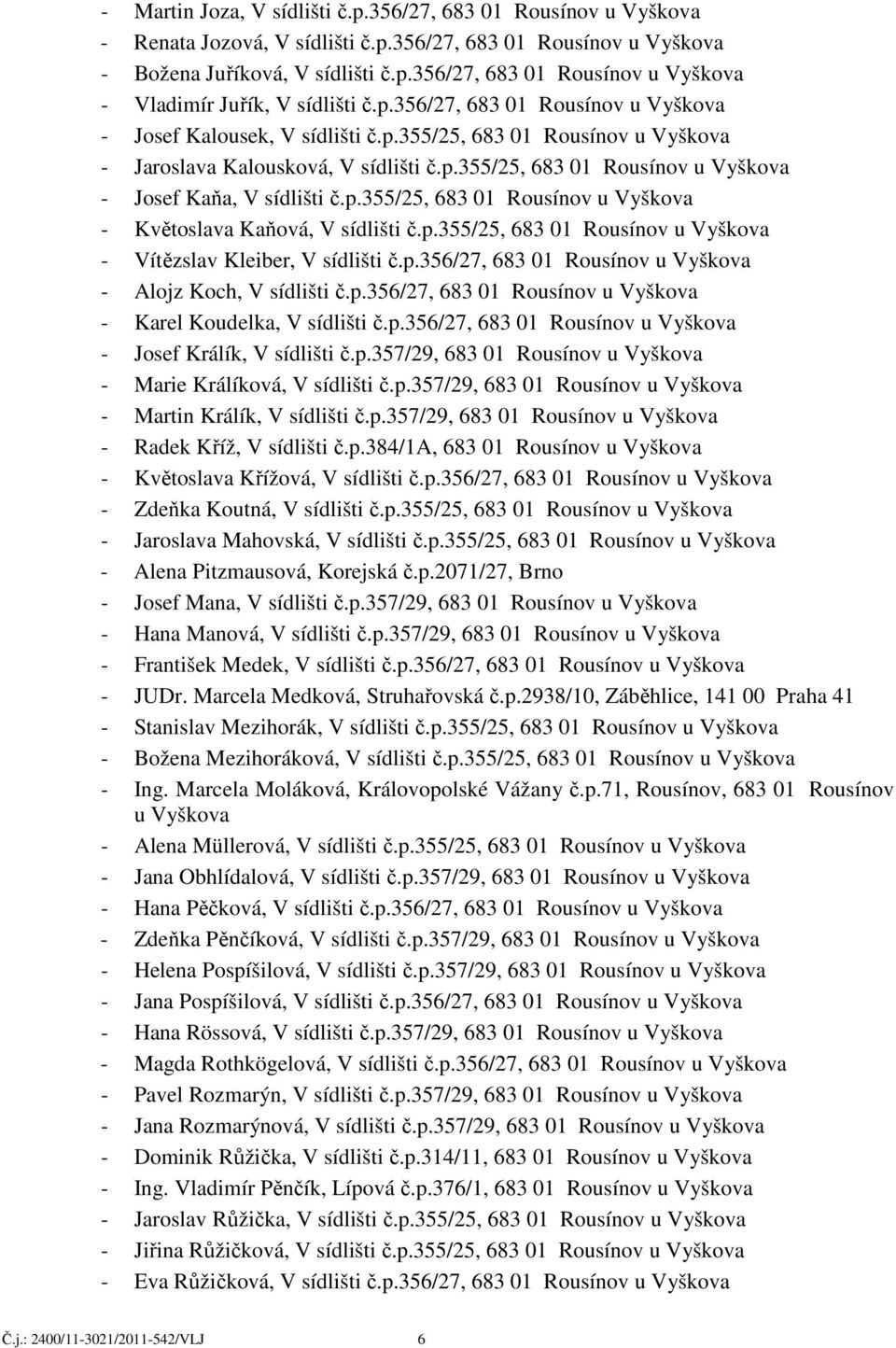 p.355/25, 683 01 Rousínov u Vyškova - Květoslava Kaňová, V sídlišti č.p.355/25, 683 01 Rousínov u Vyškova - Vítězslav Kleiber, V sídlišti č.p.356/27, 683 01 Rousínov u Vyškova - Alojz Koch, V sídlišti č.